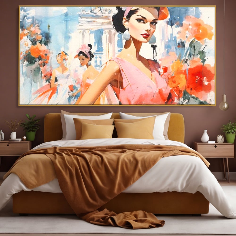 Tablou canvas cu tablou canvas cu femei la moda retro, in rama de aluminiu auriu, pe perete intr-un dormitor